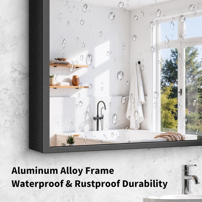 Black Framed Bathroom Mirror - Shatterproof 30"X50" Tempered Glass, HD No Distortion, Horizontal/Vertical Mount, Modern Matte Aluminum Alloy Frame