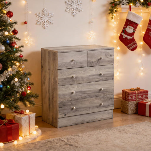 Grey 5 Drawer Dresser for Bedroom, Modern Wood Dresser Chest of Drawers, Rustic Bedroom Dressers Clothes Organizer, Anti-Tipping Device, Rose Gold Metal Handle, Living Room, Entryway, Office