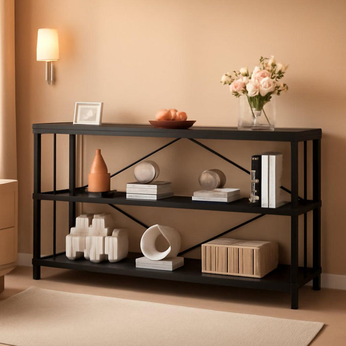 Black Long Bookshelf, Large Wood Wide Horizontal Bookcase under Window, Modern Long Open Book Shelf for Bedroom Living Room, Industrial Wooden Metal Bookshelves for Home Office, Black Oak, 63 Inch