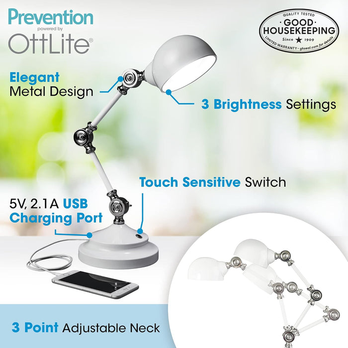 Prevention Pharmacy Adjustable LED Desk Lamp with USB Charging - Designed to Reduce Eyestrain, 3-Point Adjustable Neck, 3 Brightness Settings with Touch Controls