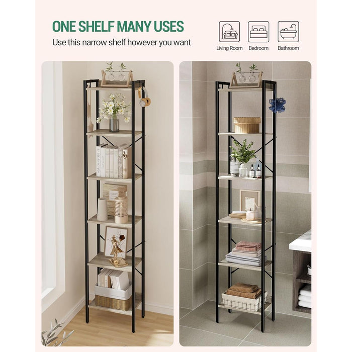 Bookshelf, Book Shelf, Industrial Bookcase with 2 Hooks, Coner Shelf Storage Organizer for Home Office, Living Room, Bedroom, Kitchen, 6-Tier Greige BC10705B