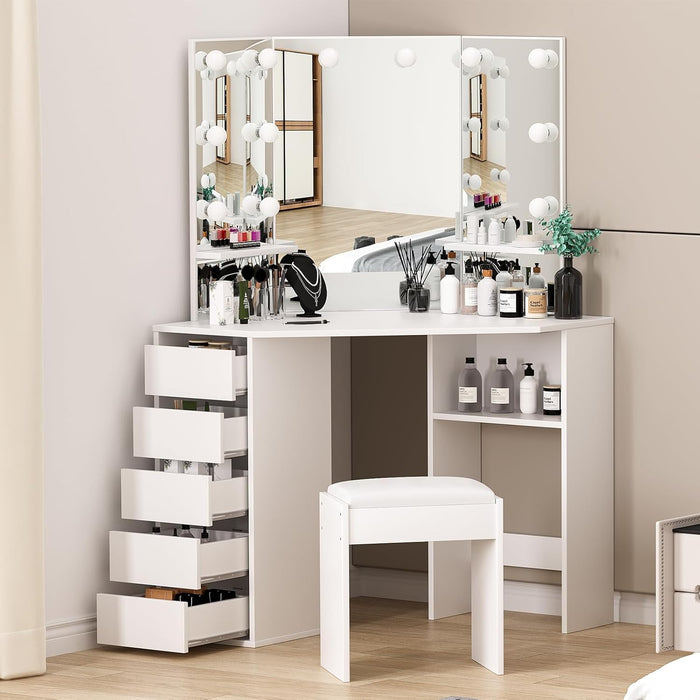 Corner Vanity Desk With Illuminated Folding Mirrors