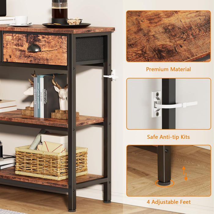 Long 47" Console Sofa Table with 3 Drawers, Entryway Table with 3-Tier Storage Shelves, Industrial Display Shelf for Entry Way, Hallway, Couch, Living Room, Kitchen, Foyer, Rustic Brown