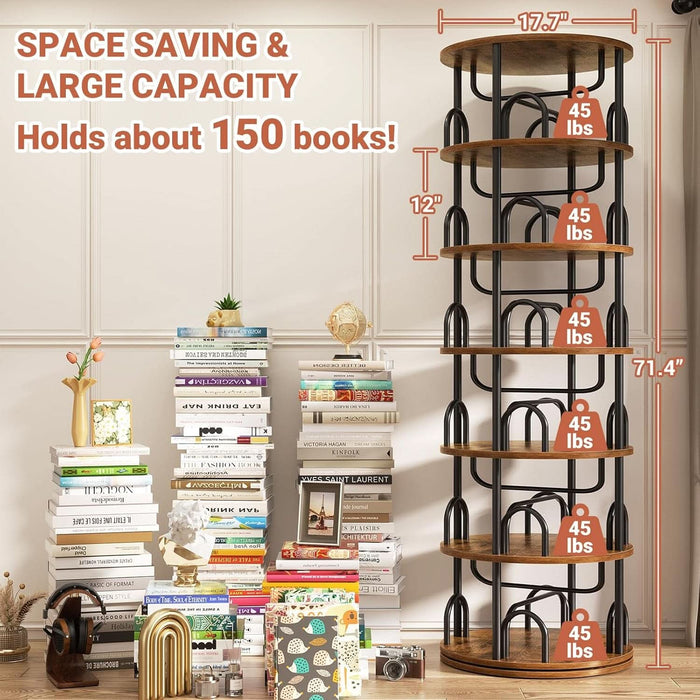 6 Tier Rotating Bookshelf Tower, Revolving Bookcase, 360° round Spinning Book Shelf, Narrow Swivel Bookshelves Vertical Turning Corner Bookshelf Organizer for Small Space, Rustic Brown