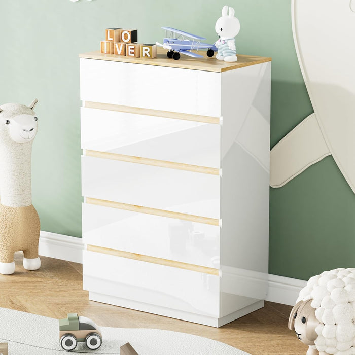 5 Drawer Dresser for Bedroom, 45" H Tall Dresser Chest of Drawers, High Gloss Wood Modern Storage Cabinet with Brown Top