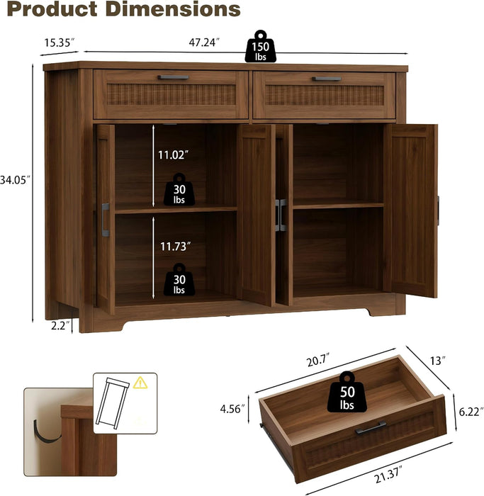 Buffet Cabinet with 2 Storage Drawers, Farmhouse Coffee Bar Table with Storage and Adjustable Shelf, 47.2" Wide Fluted Sideboard Cabinet for Kitchen, Dining Room, Living Room, Entryway, Modern Walnut