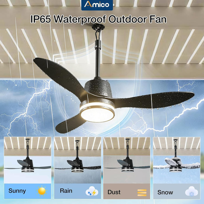 42 Inch Outdoor Ceiling Fans with Lights for Patios, IP65 Waterproof Gazebo Fan Remote Control,3Cct, 6 Speeds, Hook Hanging Plug in Ceiling Fan for Patio Porch Pergola Garage Canopy (Black)