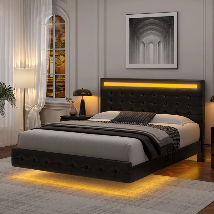 Full Floating Bed with Lights, LED Platform Bed Frame with under Bed Storage, PU Leather Adjustable Tufted Upholstered Bed, Black