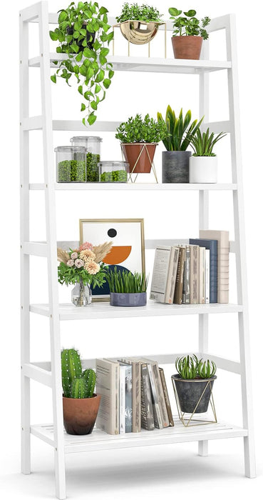 Ladder Shelf, 4-Tier Bamboo Ladder Bookshelf, 49.2” White Book Shelf, Open Bookcase Freestanding Plant Stand for Small Space, Bathroom, Living Room, Bedroom, Home Office