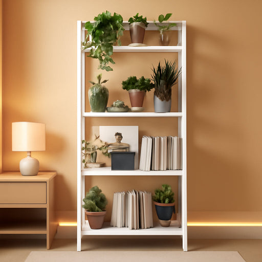 Ladder Shelf, 4-Tier Bamboo Ladder Bookshelf, 49.2” White Book Shelf, Open Bookcase Freestanding Plant Stand for Small Space, Bathroom, Living Room, Bedroom, Home Office