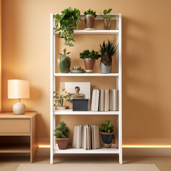 Ladder Shelf, 4-Tier Bamboo Ladder Bookshelf, 49.2” White Book Shelf, Open Bookcase Freestanding Plant Stand for Small Space, Bathroom, Living Room, Bedroom, Home Office