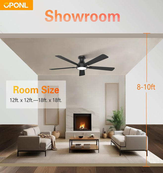 52 Inch Ceiling Fans with Light, Black Ceiling Fan with Light and Remote Control, Dimmable LED, Noiseless DC Reversible Motor, Flush Mount, Low Profile Ceiling Fans for Indoor/Outdoor Use