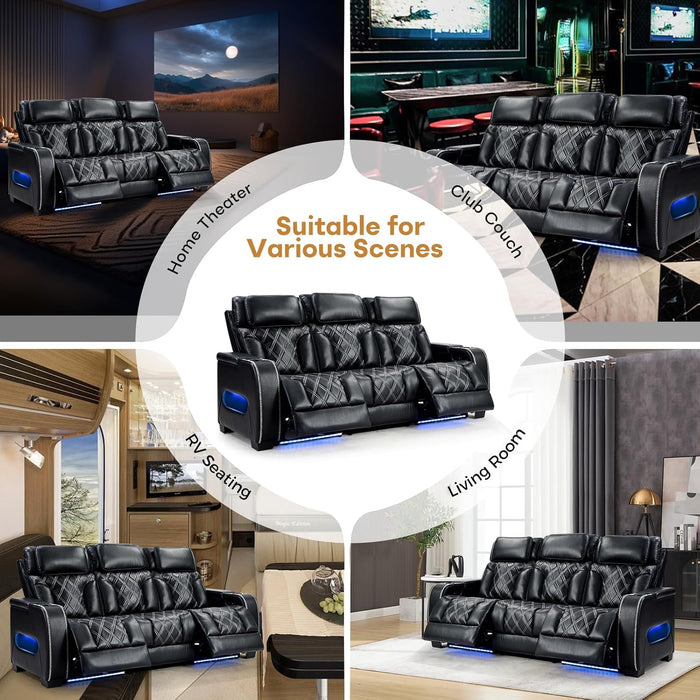 Home Theater Seating, Power Reclining Sofa with Adjustable Headrests, PU Leather 3 Seat Recliner Sofa Couch Set with Ambient Lighting, Cup Holders, USB & Type C Ports, Armrest Storage, Black