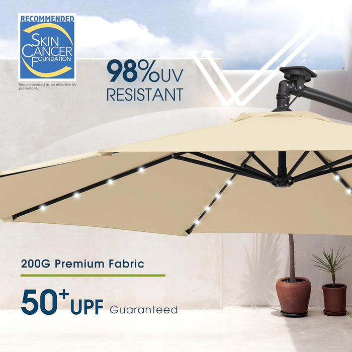 10Ft Solar LED Offset Patio Umbrella, Outdoor Cantilever Patio Umbrellas with Solor Lights for Backyard, Poolside and Garden, Easy Tilt Adjustment, 32 LED Lights & Polyester Shade, Beige