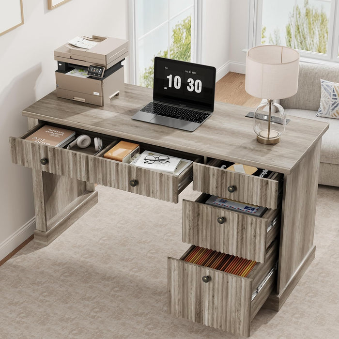 Fluted Home Office Desk Storage, 54" Modern Executive Desk with Charging Station, Wooden Computer Writing Desk with File Cabinet & Drawers for Study, Living Room, Bedroom
