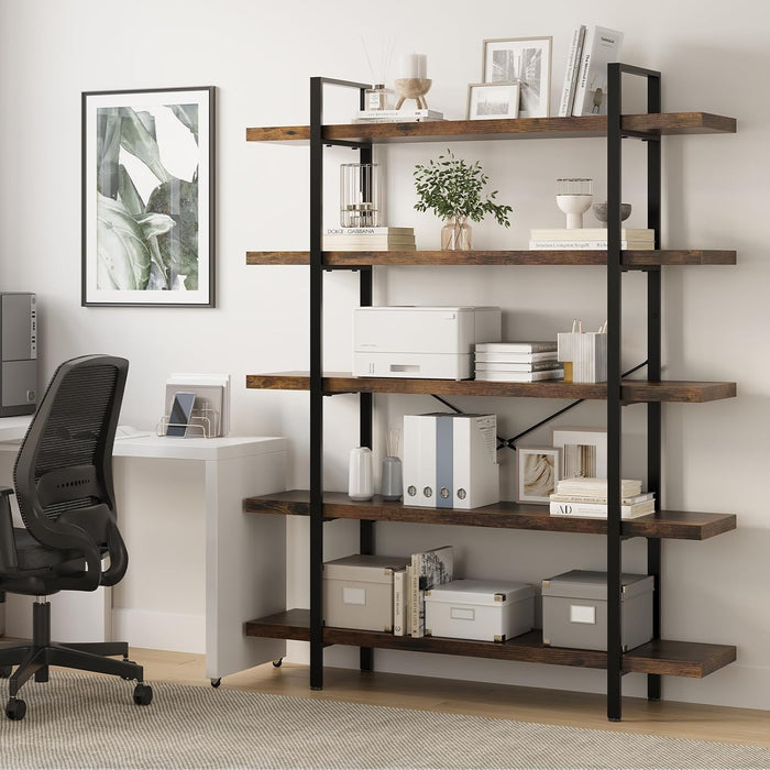 Heavy Duty 5 Tier Industrial Bookcase for Home Office, Rustic Brown | 47" Wide Wood Bookshelf,120 Lbs Shelf Capacity, Rustic Open Shelving Display,3Cm Upgraded Thicken Board,Easy to Assemble