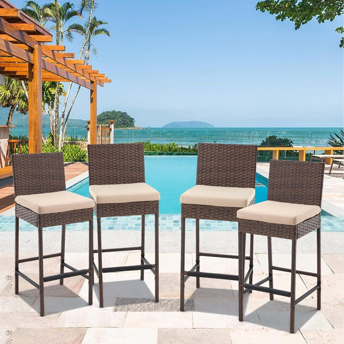 Set of 4 Outdoor Rattan Bar Stools with Cushions – Armless Wicker Barstools for Patio, Poolside, Deck & Backyard, Weather-Resistant Furniture(Brown)