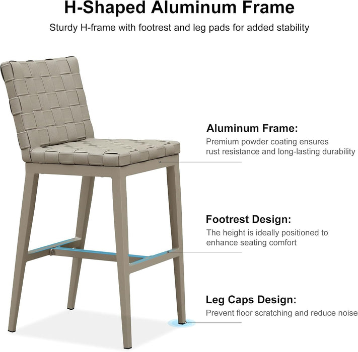 Outdoor Bar Stools Set of 2, Leather Bar Height Chairs, Taupe