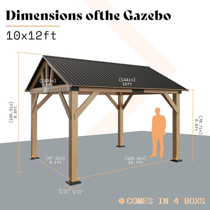 10X12 Ft Spruce Wood Gazebo, Hardtop Pergola with Metal Steel Roof, Outdoor Gazebo with Guest House for Garden, Porch, Patio, Black + Natural Wood