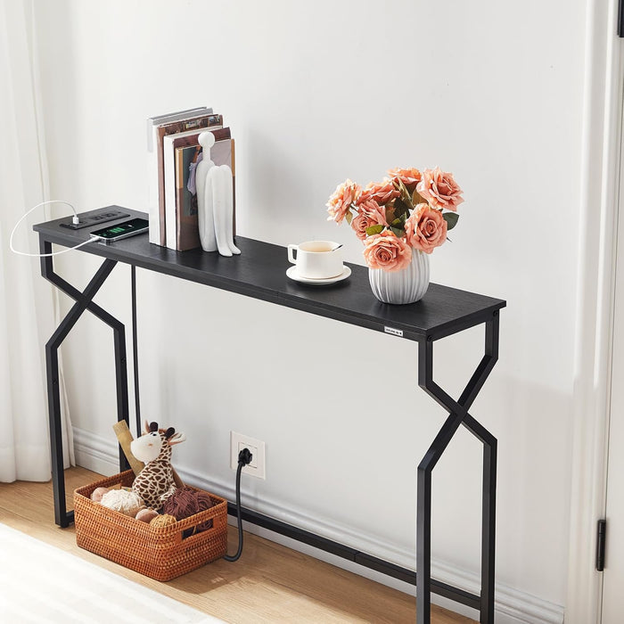 44.9" Sofa Table, 9.4" Narrow Console Table with Charging Station, Couch Table behind Sofa with Outlet, Entryway Table with Display Shelf, Living Room, Black CTHB113E01