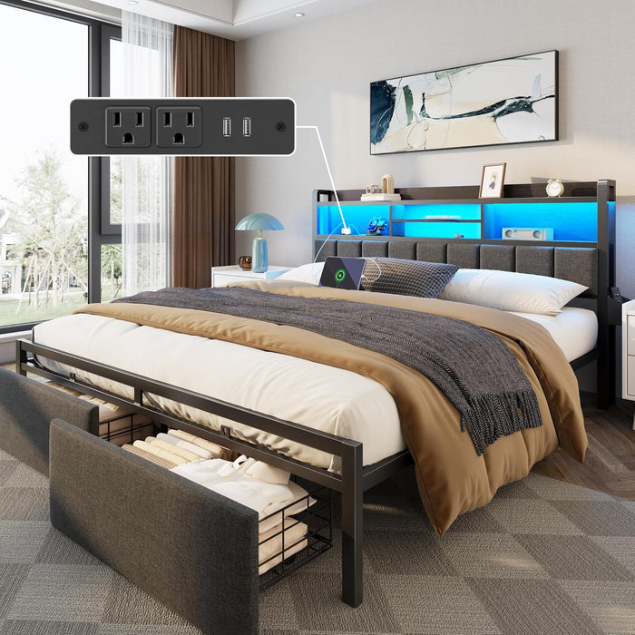 King Bed Frame with Wood Headboard & Storage Drawers, Metal Platform Bed Frames King Size with LED Lights, Built in Charging Station, No Box Spring Needed, No Noise, Easy Assembly, Black