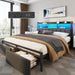 King Bed Frame with Wood Headboard & Storage Drawers, Metal Platform Bed Frames King Size with LED Lights, Built in Charging Station, No Box Spring Needed, No Noise, Easy Assembly, Black