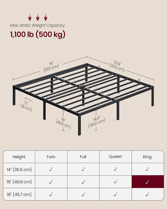 King Metal Bed Frame, 16 Inches Tall, 1100 Lb Weight Capacity