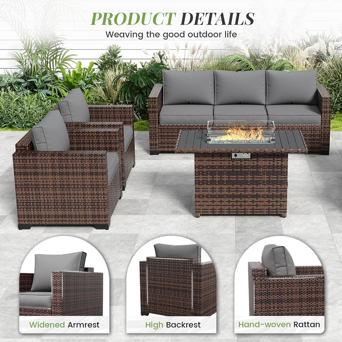 Oversized Outdoor Sectional Sofa Set with 44" Metal Fire Pit Table & Storage Coffee Table - Waterproof Wicker Patio Furniture Set, Modular Furniture with Removable Cushions (Grey)