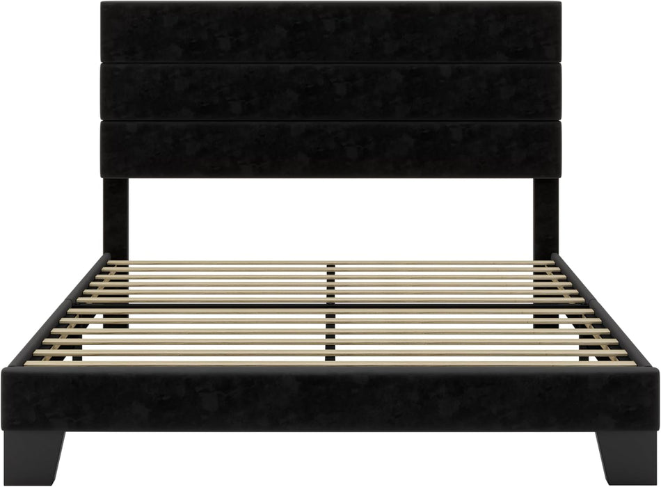 Full Platform Bed Frame with Velvet Upholstered Headboard, Mattress Foundation with Strong Wooden Slats Support, No Box Spring Needed, Black