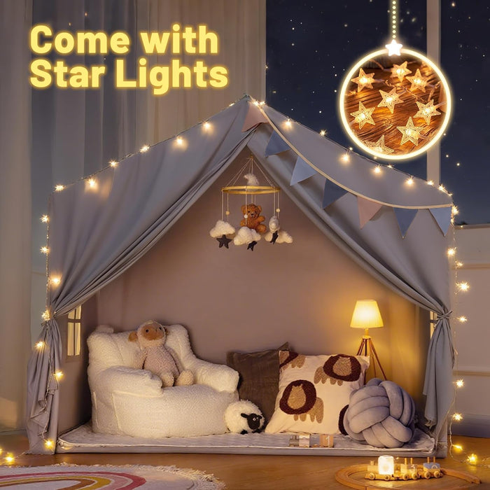Kids Play Tent Indoor - with Mat, Star Lights - Large Toddler Tents Playhouse for Girls Boys, Bed Tent for Bedroom inside Birthday Gifts Toys(Gray)