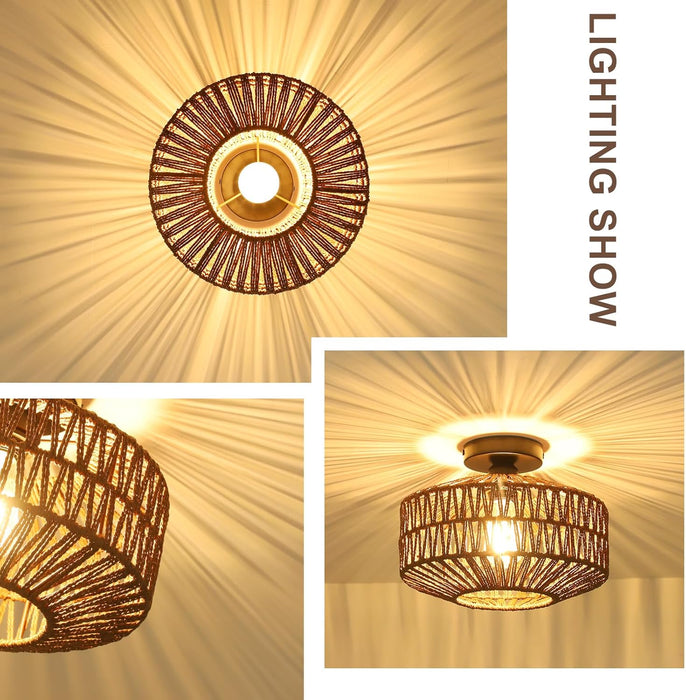 Boho Rattan Light Fixtures Ceiling Mount,Ceiling Light Fixtures with Dimmable LED Bulb,Hand Woven Rattan Chandelier Light Fixtures Ceiling for Bedroom Living Room Entryway(Dark Brown)