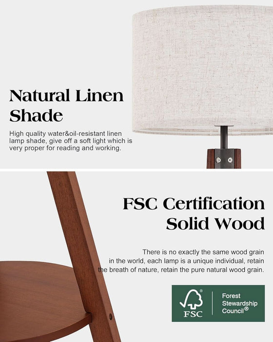Mid Century Floor Lamp with 3 Color Temperatures LED Bulb, Modern Wood Tripod Table Reading Standing Light, Wooden Shelf Floor Lamp for Farmhouse Living Room Bedroom Office Linen Shade Brown