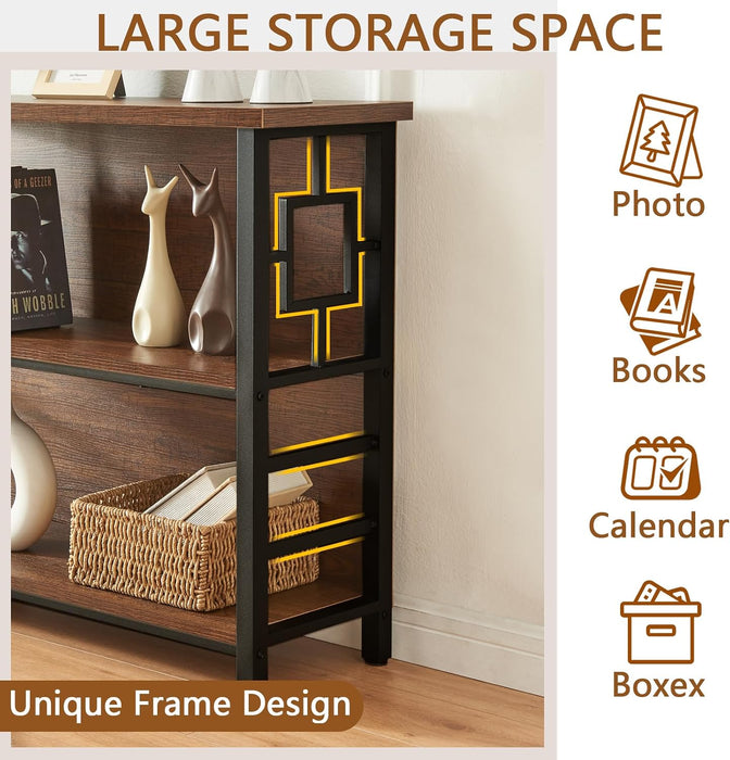 Book Shelf, 3 Tier Long Bookshelf with Storage, Engineered Wood and Metal Shelf Bookcase, Low Short Bookcases for Small Space, Living Room, Bedroom, Office, Rustic Brown