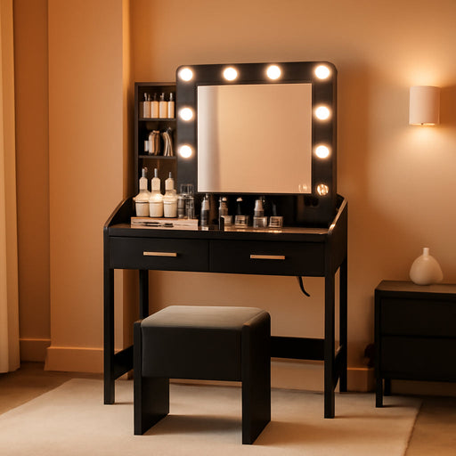 Black Vanity Table Set with Mirror – Dimmable LED Lights, Built-In Power Outlet, 7 & 2 Storage Drawers, Cushioned Stool, Adjustable Light Color, Hairdryer Holder – Bedroom, Black