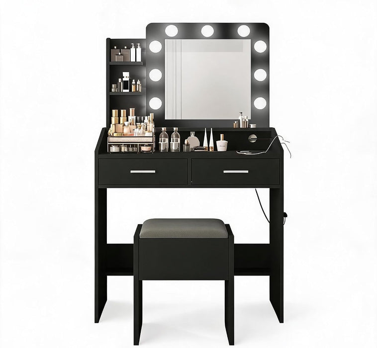 Black Vanity Table Set with Mirror – Dimmable LED Lights, Built-In Power Outlet, 7 & 2 Storage Drawers, Cushioned Stool, Adjustable Light Color, Hairdryer Holder – Bedroom, Black