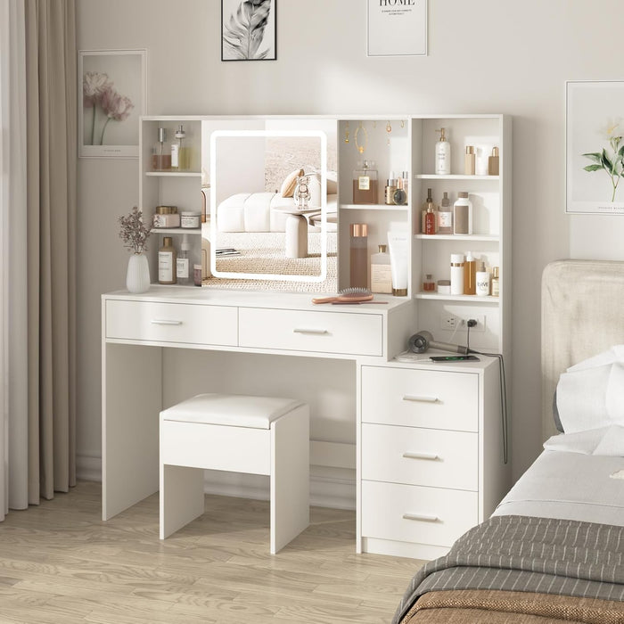 Vanity Desk with Mirror and Lights, Makeup Vanity with 5 Drawers, Makeup Desk with Charging Station and Ample Storage, Dressing Table with Chair for Bedroom Room (White)