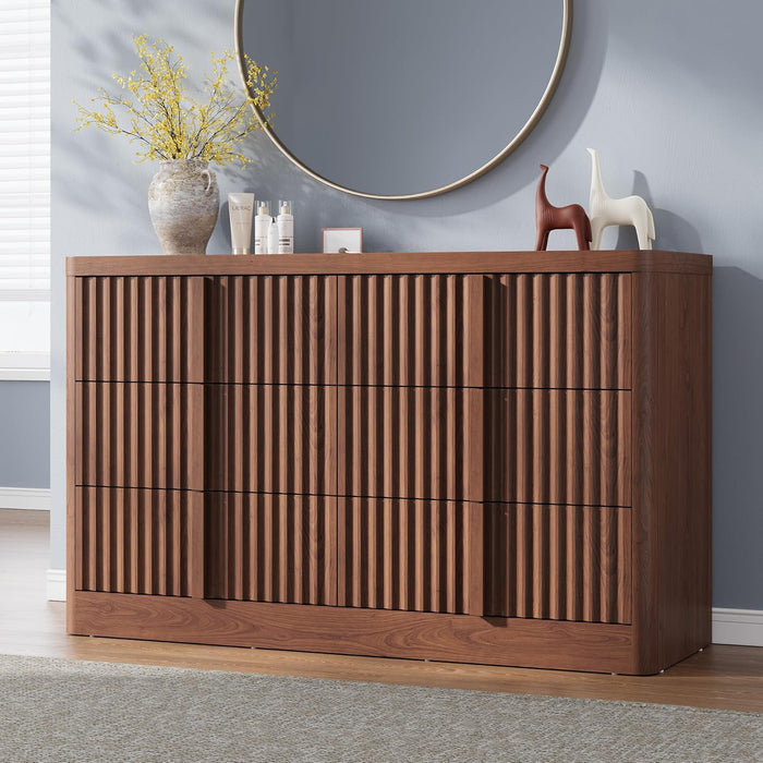 Walnut Dresser for Bedroom, 47" Wide 6 Drawer Dresser, Modern Chest of Drawers with Solid Wood Handle, Curved Profile Design, Wood Dresser Storage Organizer, Living Room, Hallway