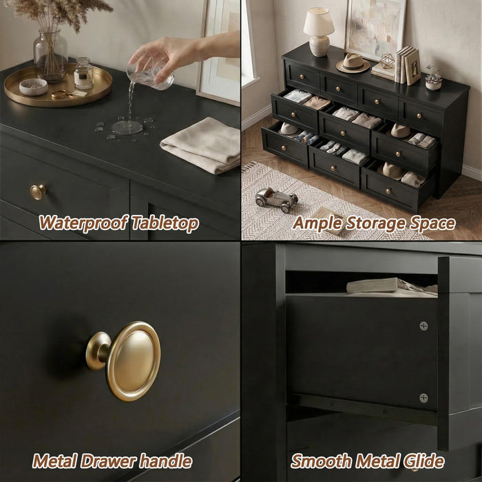 59" Wide Black 10 Drawer Dresser for Bedroom with Gold Metal Handle