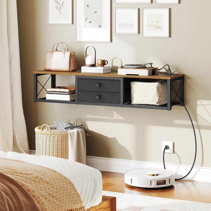 Floating TV Stand with Power Outlet, Wall Mounted Media Console for Tvs up to 50 Inch, Entertainment Center with Storage, for Living Room, Bedroom, Rustic Brown and Black DS04UBR