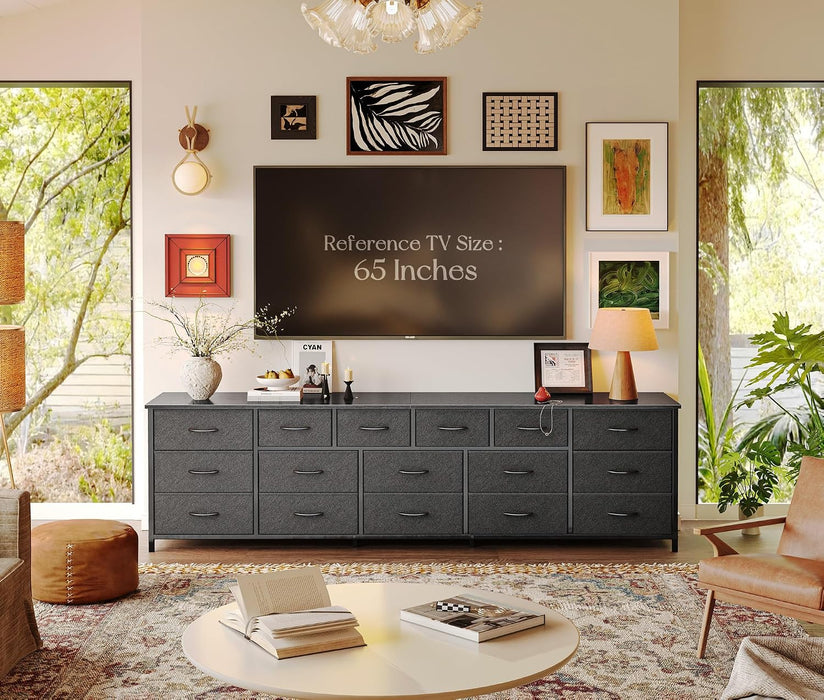 77.6" Long Dresser for Bedroom, 16 Drawer Fabric Dresser for Closet, Wide Chest of Drawers with Storage, TV Stand for 65, 75, 85 Inch TV, 77.6" W X 13" D X 26.4" H, Black