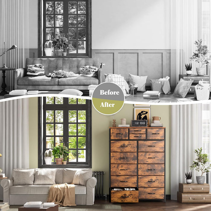 Dresser for Bedroom with 10+4 Storage Drawers, Chest of Drawers, Sturdy Metal Frame & Wood Top, Hallway, Closets, Living Room, 52.2" H X 37.4" W X 11.8" D, Rustic Brown