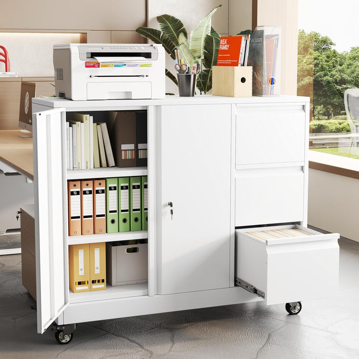 Forty Seven Inch BrilliantWhiteFinish Rolling File Cabinet