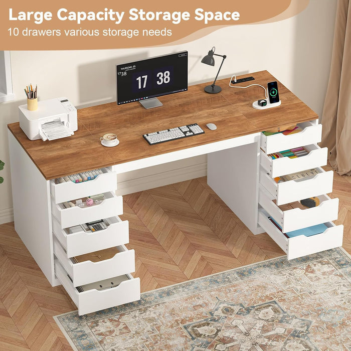 55 Inch Computer Desk with 10 Drawers and Outlets for Home Office