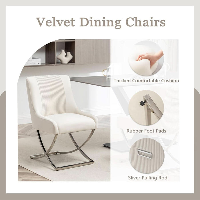 Kitchen Dining Chairs Set of 2,Accent Modern Upholstered Velevt,Contemporary Tufted Metal Chairs with X-Shaped Sliver Legs for Dining Room,Living Room, Reception Room(Beige)