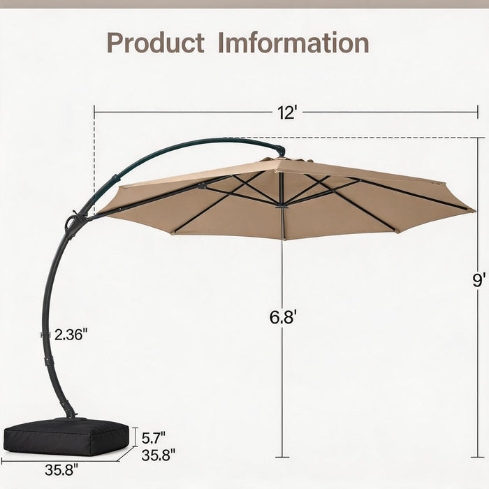Outdoor Patio Umbrella with Base Included, 12 FT Deluxe Curvy Cantilever Umbrella Heavy Duty Offset Hanging Umbrella with 360° Rotation for Market, Pool, Garden, Backyard, Deck (Beige)