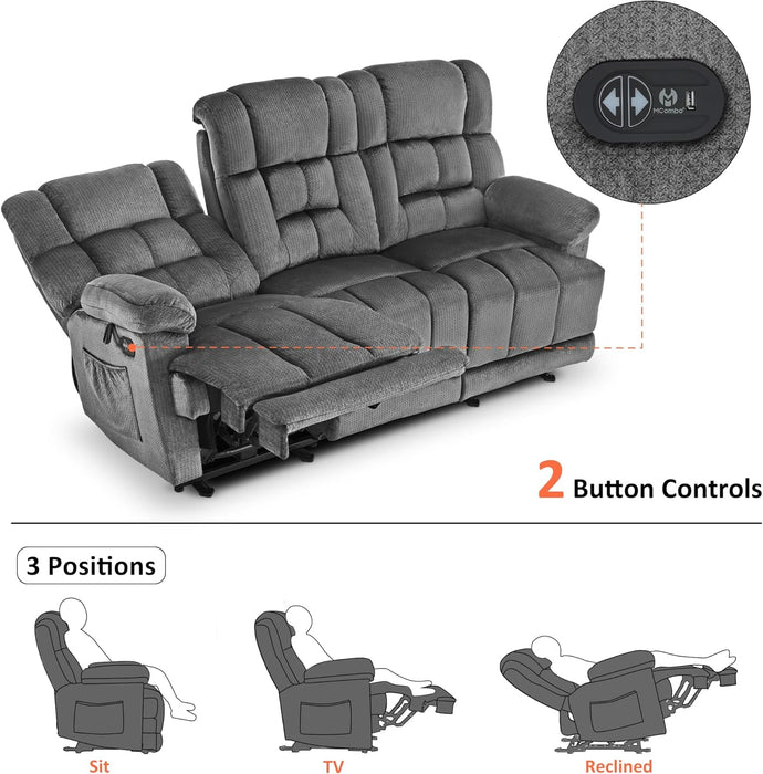 Zero Gravity Power Recliner Sofa with Drop down Table, Heat and Vibration Massage, 3 Seater Dual Reclining Couch with USB Ports, Cup Holders for Living Room, Fabric RS6236 (Grey)