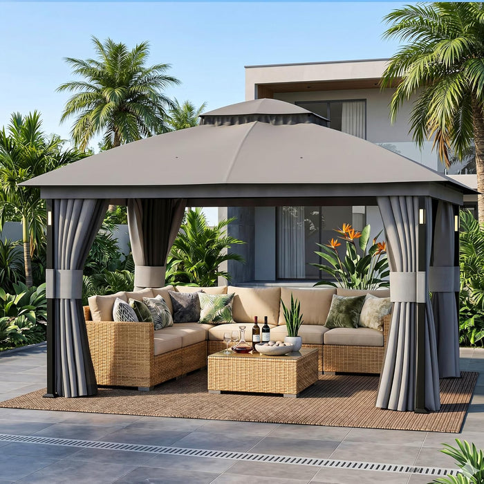 Patio Gazebo 11'X13' with LED Lights & Bluetooth Speaker, Heavy Duty Outdoor Canopy Shelter with Metal Frame, Double Roofs, Soft Top Gazebo with Netting and Curtains for Backyard, Gray
