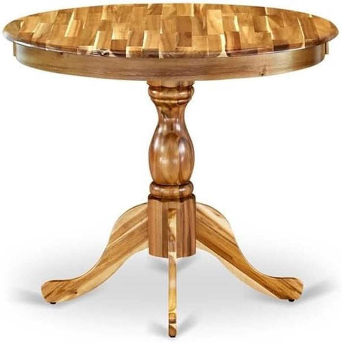 round Pedestal Dining Table, 36" W X 36" D X 30" H, Solid Acacia Wood, Natural Finish, Mid-Century Style, Durable Rubberwood Base, Ideal for Kitchen or Dining Room