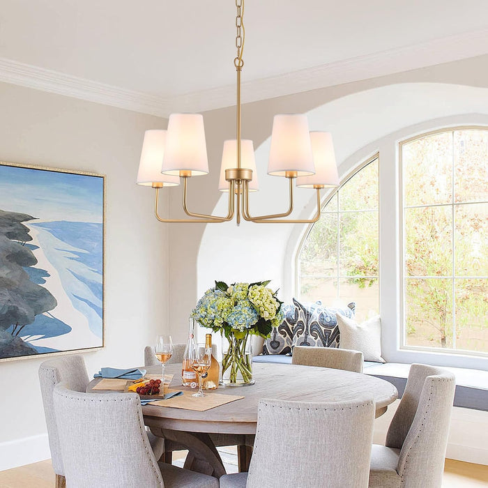 Farmhouse Chandelier, 5-Lights Visual Comfort Gold Light, Muted Gold with White Fabric Shade, Linear Island Lighting Fixture for Kitchen, Dining Room