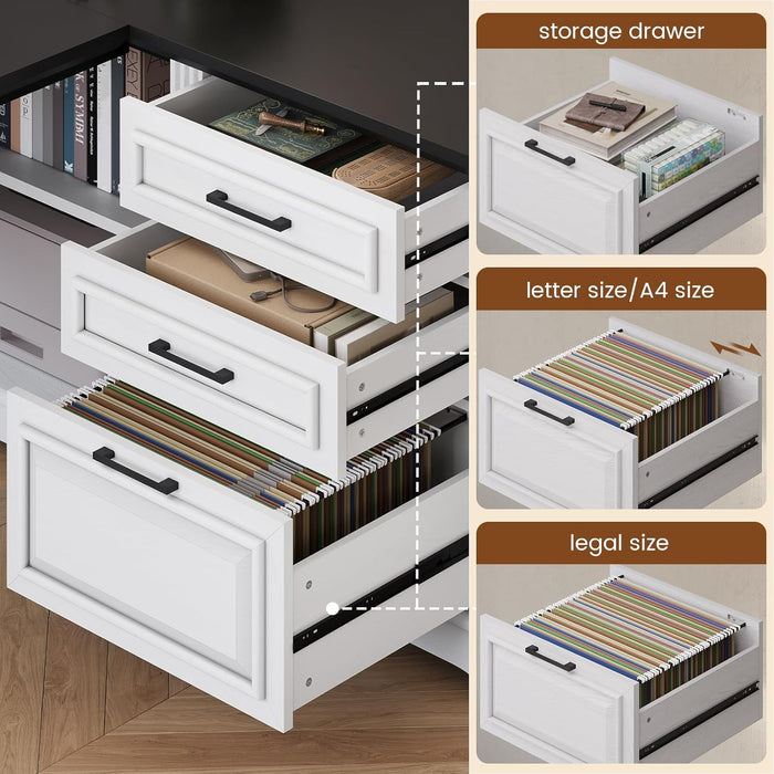 Farmhouse 61" Executive L Shaped Desk, Home Office Desk with File Drawers, Computer Desk with Power Outlets and Storage Shelves for Home Office, White